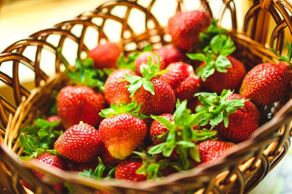 Gemüse und Kräuter für einen Salat und leckeres Obst zum Dessert. 